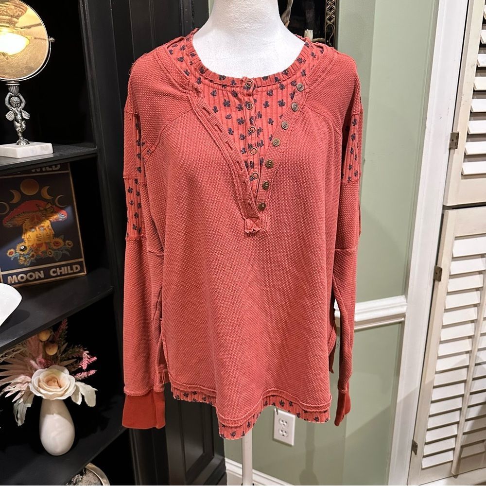 Free People Coral Waffle Knit Long Sleeve Top